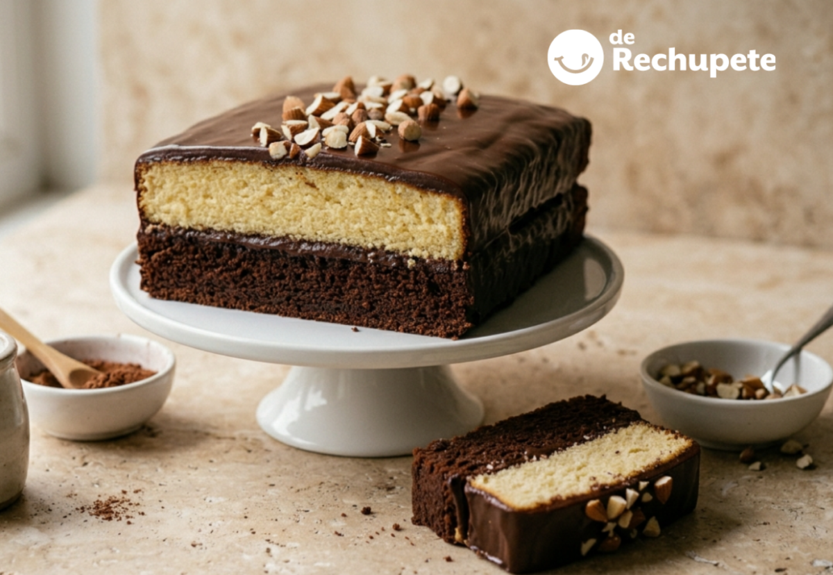 Bizcocho bicolor de chocolate y yogur, un pastel casero con doble miga y cobertura golosa