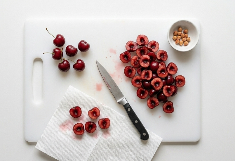 Bizcocho de cerezas jugoso, con yogur y un toque de naranja
