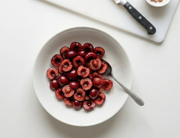 Bizcocho de cerezas jugoso, con yogur y un toque de naranja