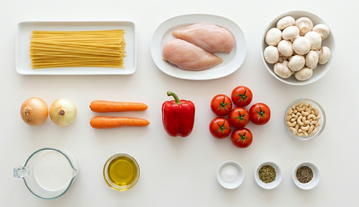 Espaguetis con pollo y champiñones