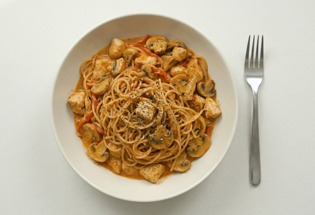 Espaguetis con pollo y champiñones