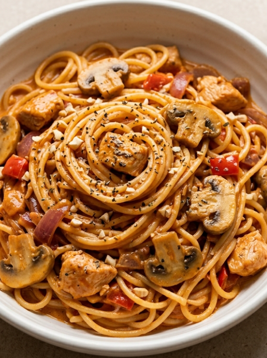 Espaguetis con pollo y champiñones