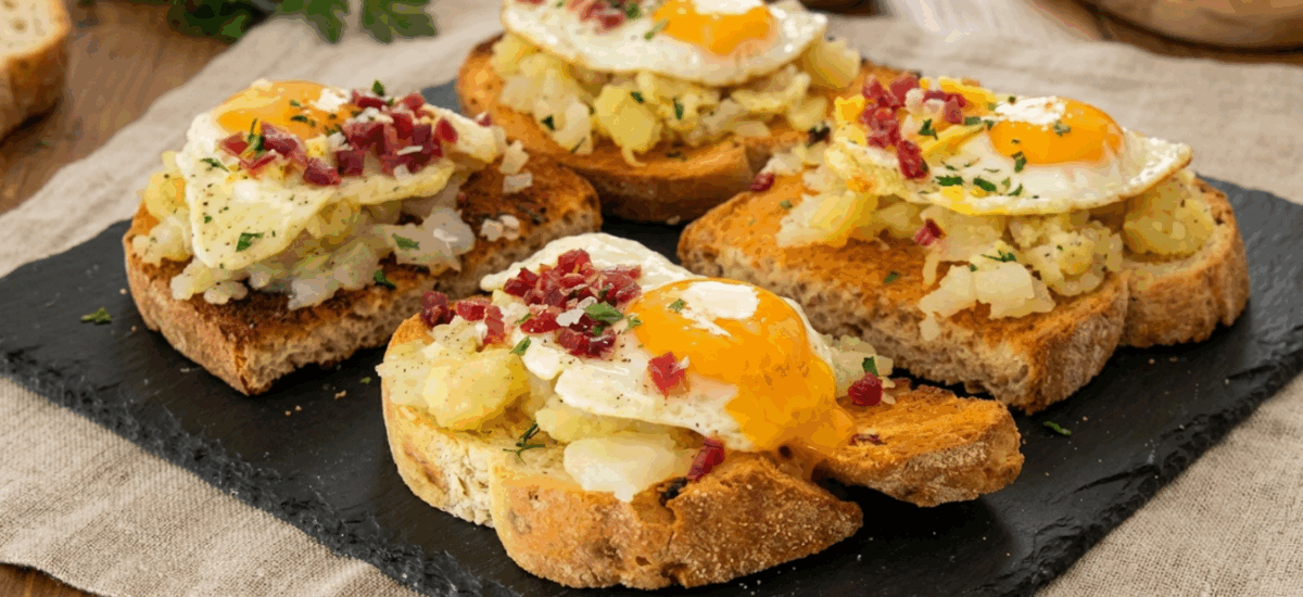 Tosta de huevos rotos o estrellados con jamón