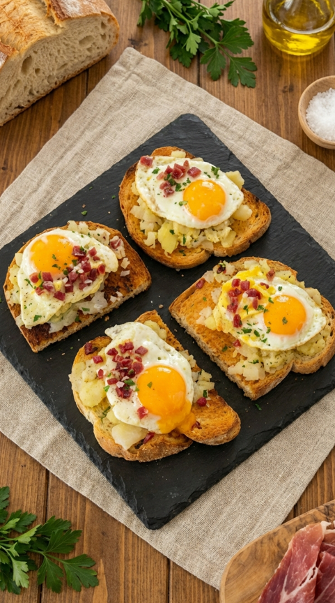 Tosta de huevos rotos o estrellados con jamón