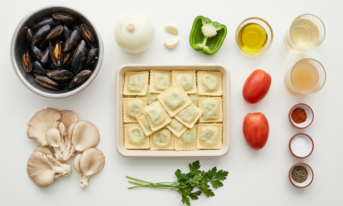 Pasta fresca rellena de espinacas con salsa de mejillones y setas