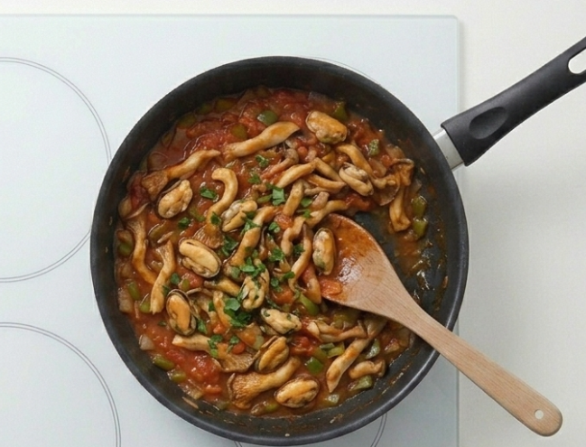Pasta fresca rellena de espinacas con salsa de mejillones y setas