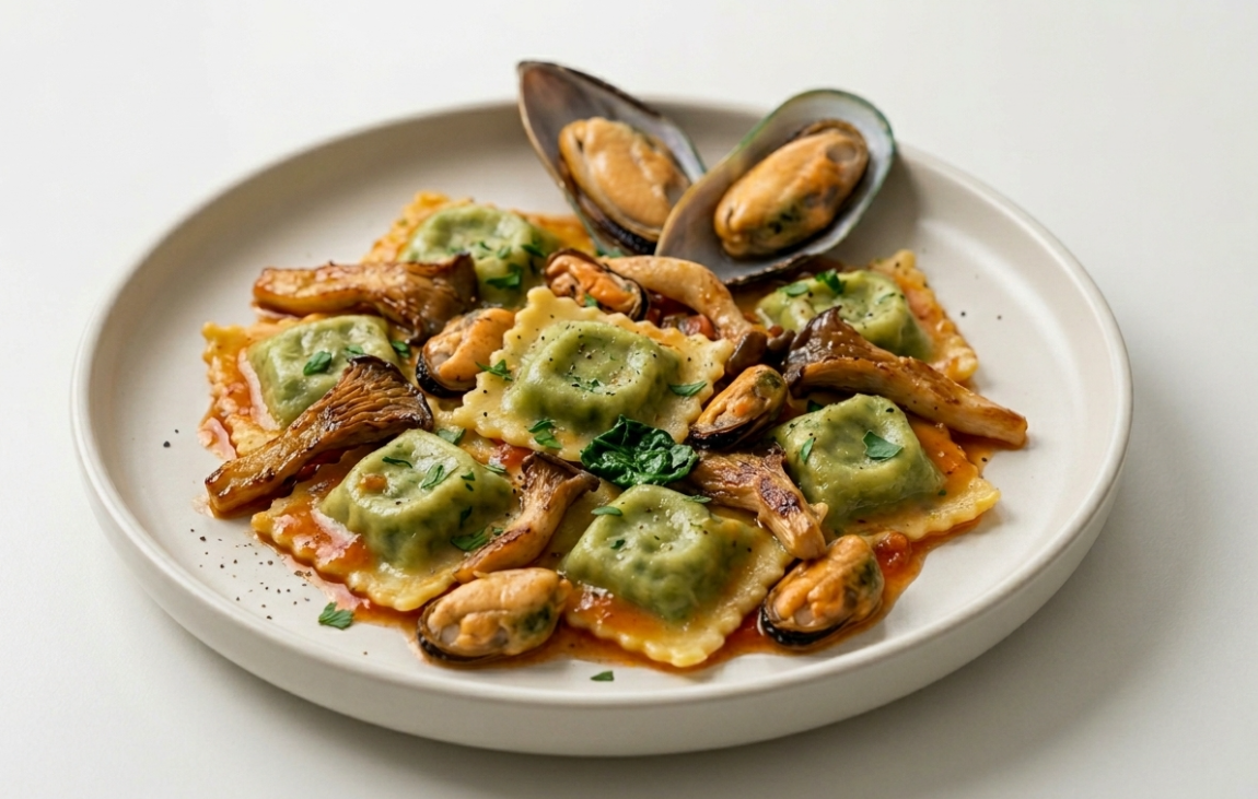 Pasta fresca rellena de espinacas con salsa de mejillones y setas