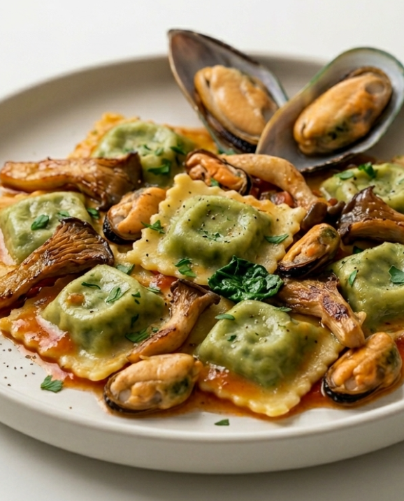 Pasta fresca rellena de espinacas con salsa de mejillones y setas