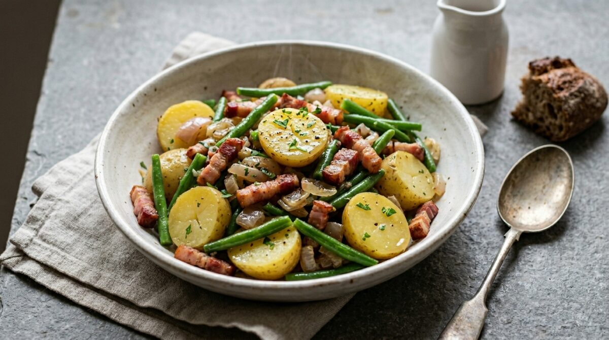 Ensalada Liégeoise. Receta belga tradicional de patata, judías verdes y tocino