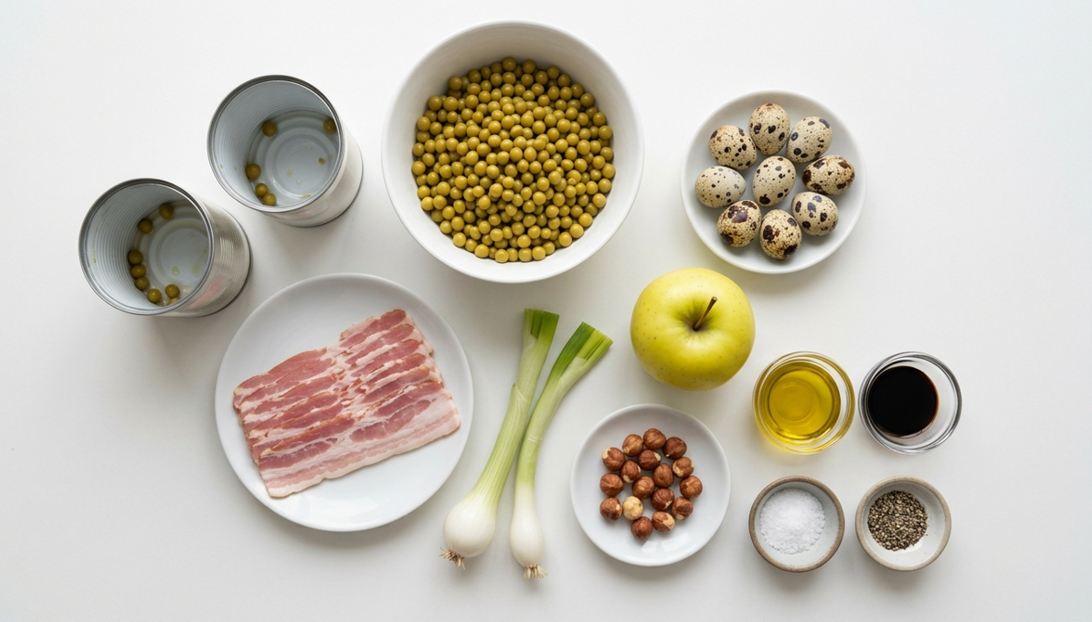 Ensalada de guisantes, manzana y huevos escalfados