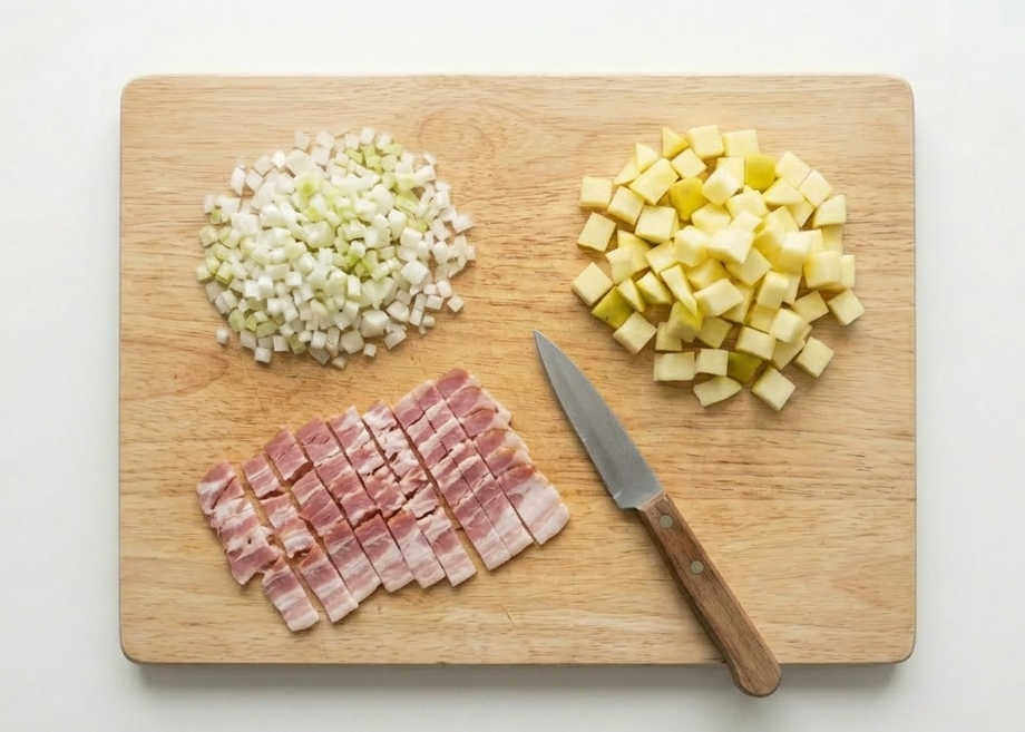 Ensalada de guisantes, manzana y huevos escalfados
