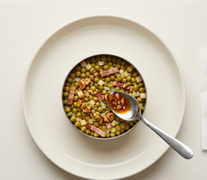 Ensalada de guisantes, manzana y huevos escalfados