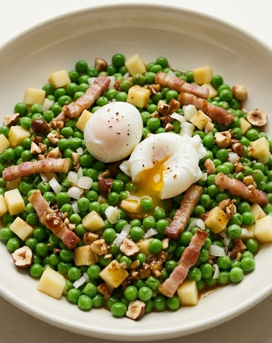 Ensalada de guisantes, manzana y huevos escalfados