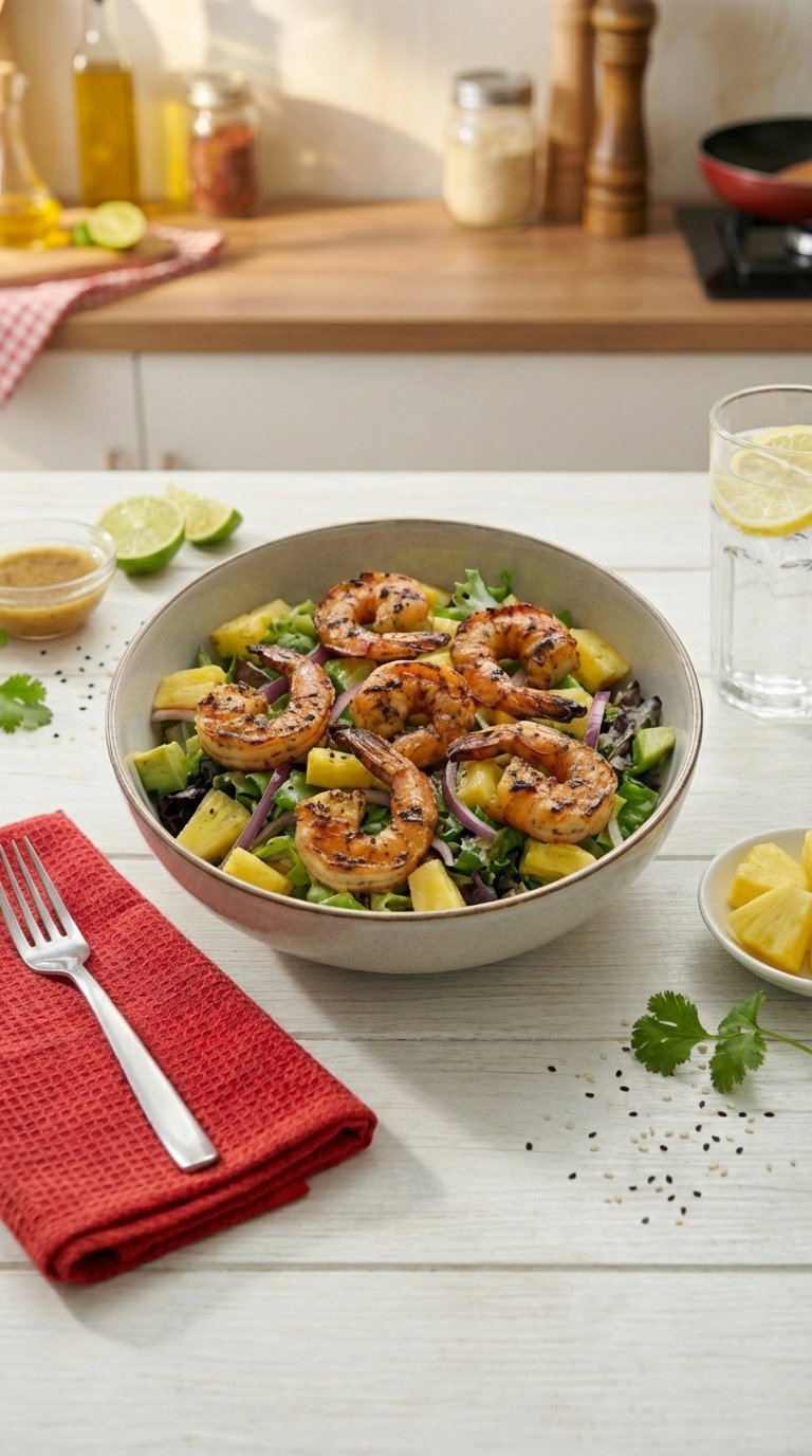 Ensalada templada de langostinos en tempura