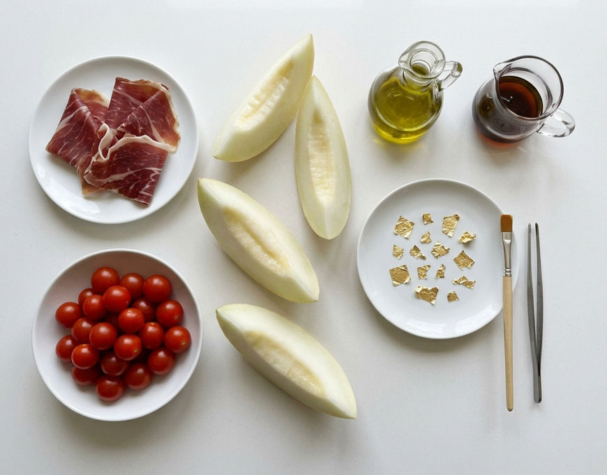 Ensalada de melón con jamón y tomates cherry a los dos oros