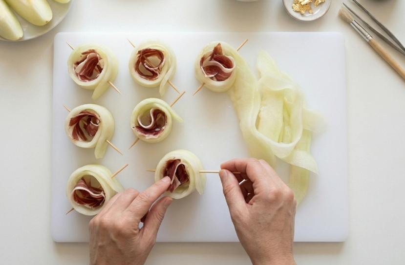 Ensalada de melón con jamón y tomates cherry a los dos oros