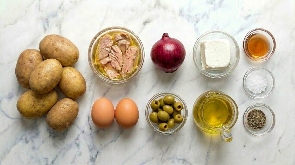 Ensalada de patatas, ventresca y queso de oveja