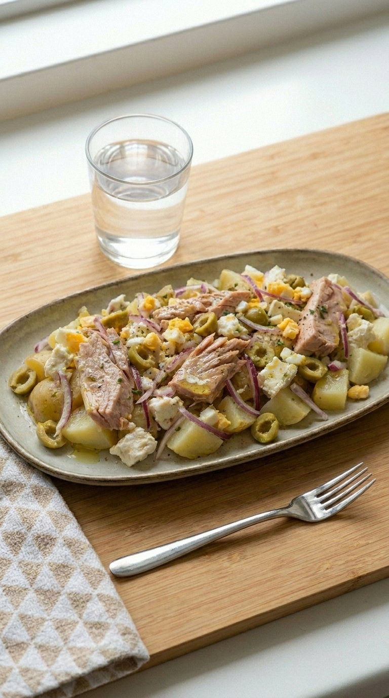 Ensalada de patatas, ventresca y queso de oveja