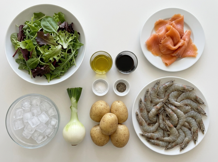 Ensalada marinera o Salade Marinière. Receta fresca con salmón ahumado, gambas y patata