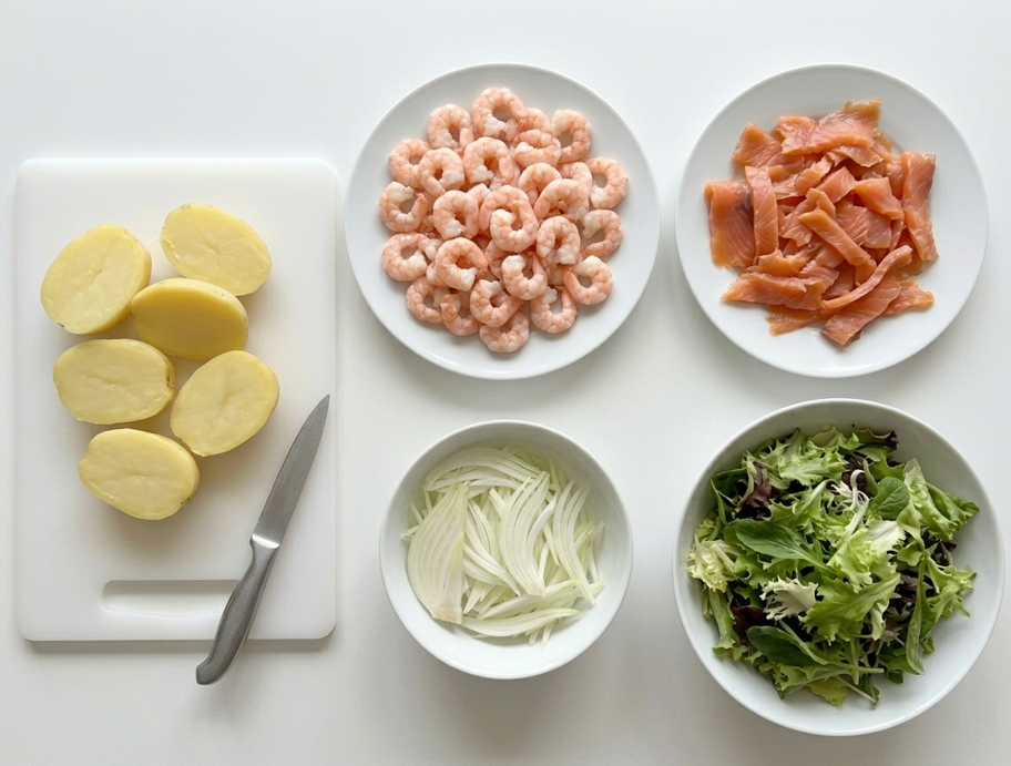Ensalada marinera o Salade Marinière. Receta fresca con salmón ahumado, gambas y patata