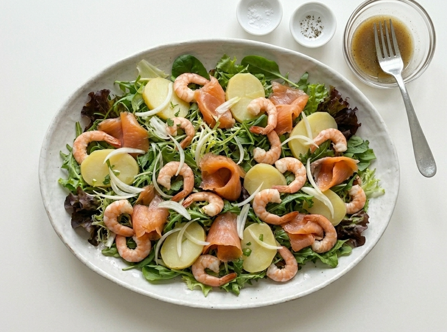 Ensalada marinera o Salade Marinière. Receta fresca con salmón ahumado, gambas y patata