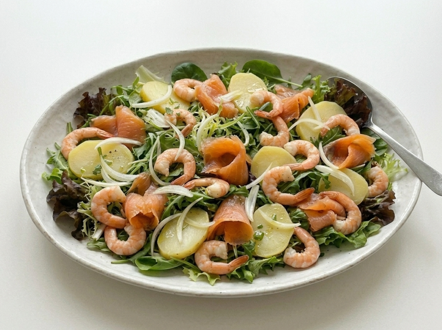 Ensalada marinera o Salade Marinière. Receta fresca con salmón ahumado, gambas y patata