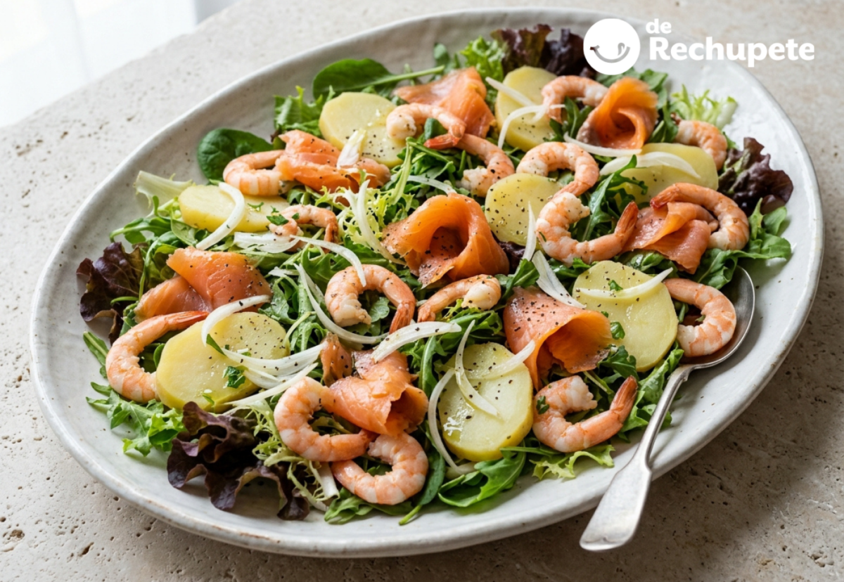Ensalada marinera o Salade Marinière. Receta fresca con salmón ahumado, gambas y patata