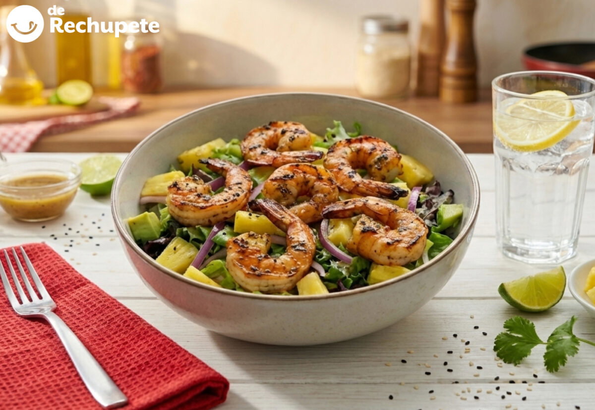 Ensalada templada de langostinos en tempura