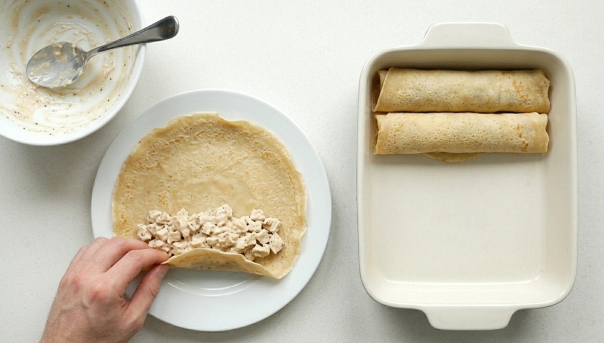 Crepes rellenos de pollo con mousse de foie
