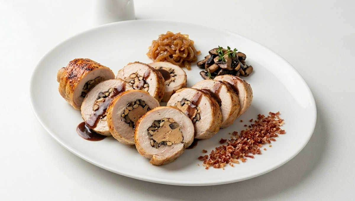 Pollo relleno de foie con setas
