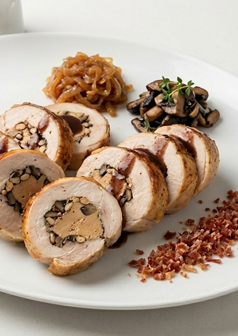 Pollo relleno de foie con setas