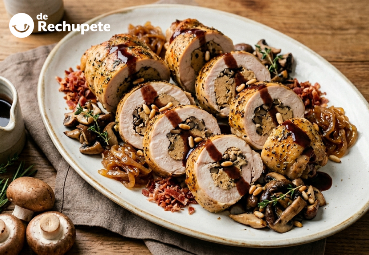 Pollo relleno de foie con setas