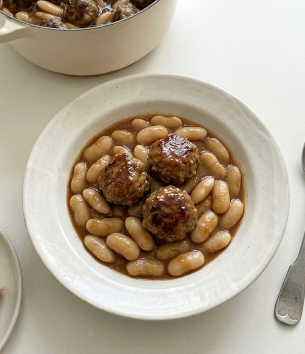Judías de la granja con albóndigas de rabo de toro