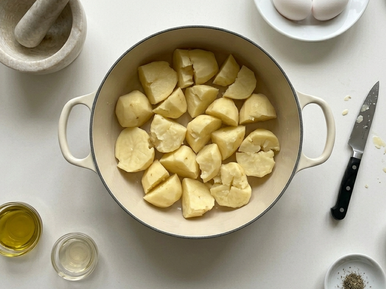Patatas al ajopollo con huevo poché. Receta paso a paso