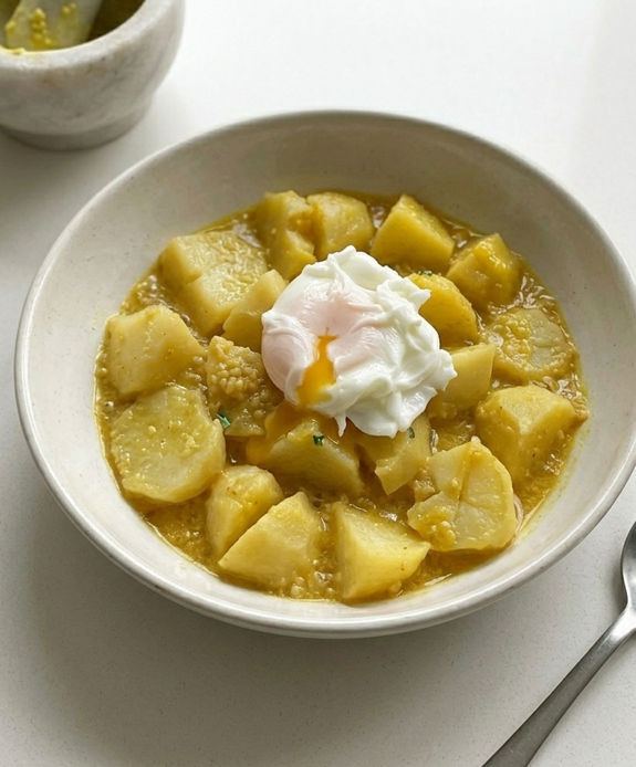 Patatas al ajopollo con huevo poché. Receta paso a paso