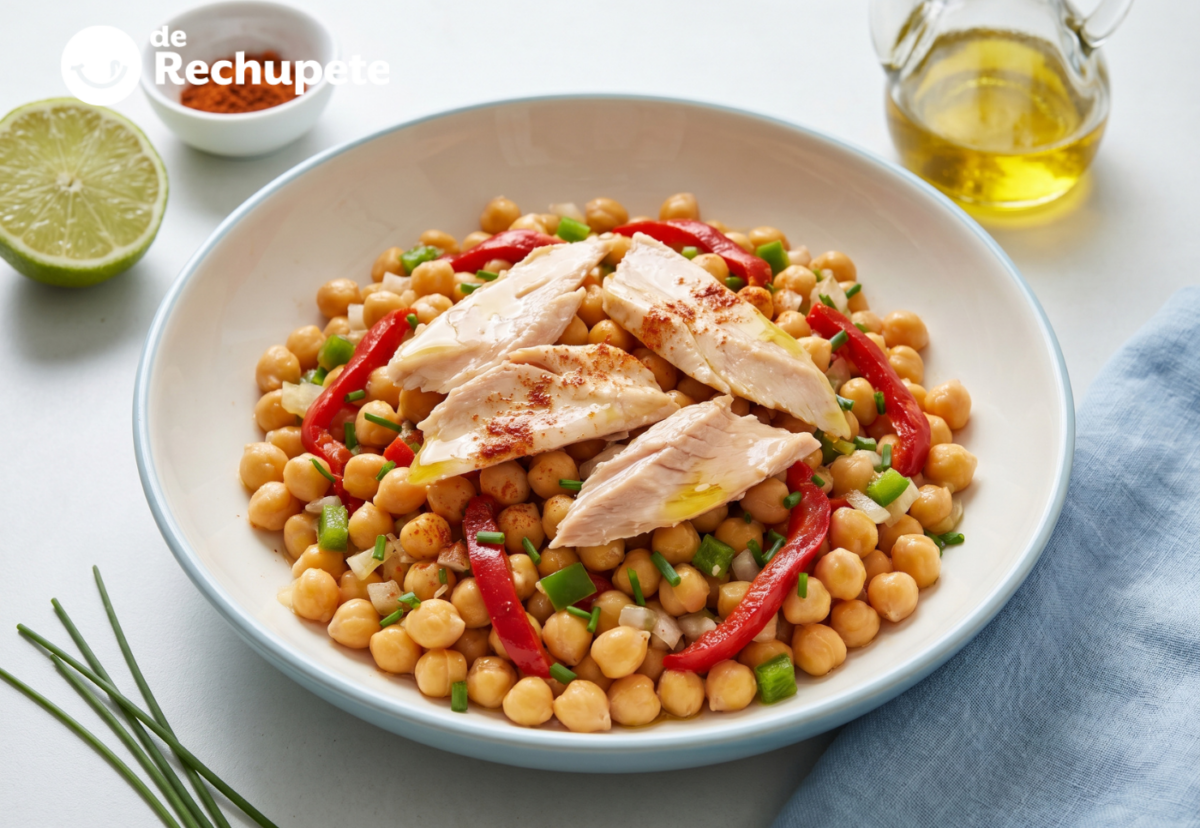 Ensalada de garbanzos y ventresca de Bonito del Norte, fresca y bien aliñada