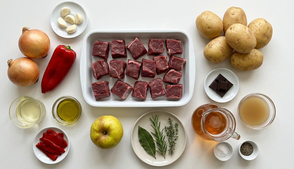 Jabalí estofado con salsa de chocolate y patatas
