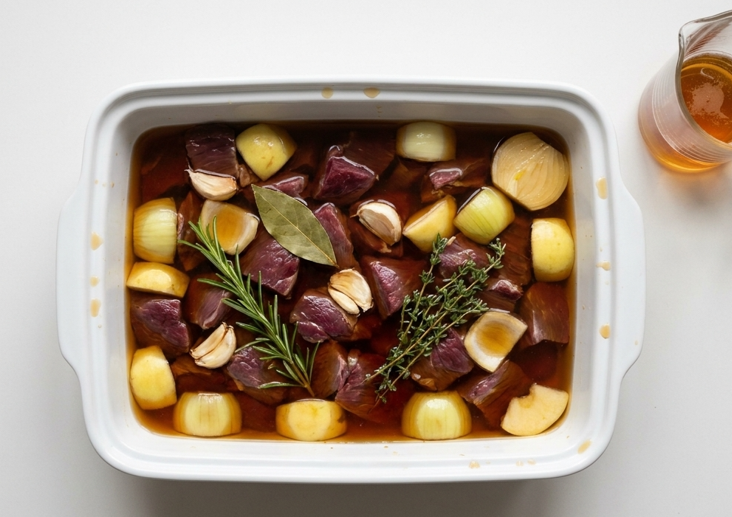 Jabalí estofado con salsa de chocolate y patatas