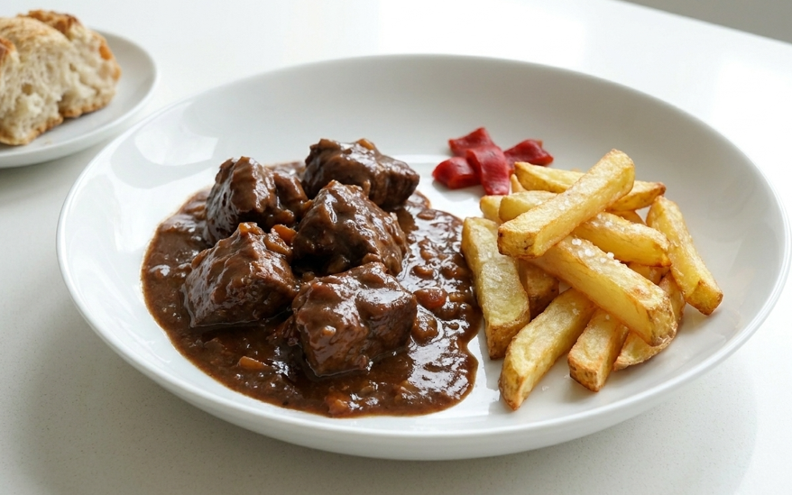 Jabalí estofado con salsa de chocolate y patatas
