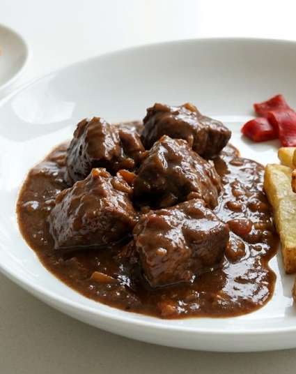 Jabalí estofado con salsa de chocolate y patatas