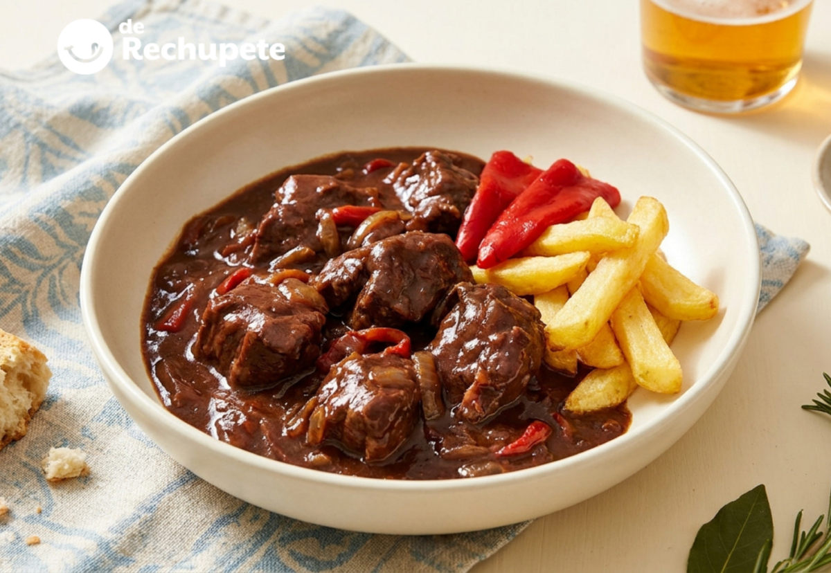 Jabalí estofado con salsa de chocolate y patatas. Receta de caza con una salsa oscura para mojar pan