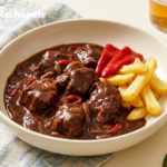 Jabalí estofado con salsa de chocolate y patatas. Receta de caza con una salsa oscura para mojar pan