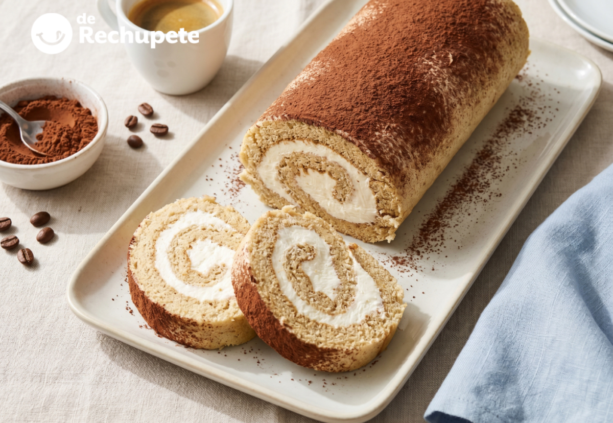 Brazo de gitano de tiramisú. Dos postres en uno con crema de mascarpone