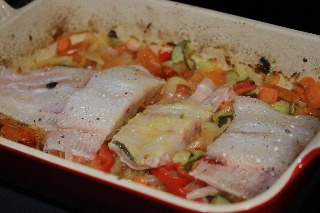 Lenguado al horno con verduras