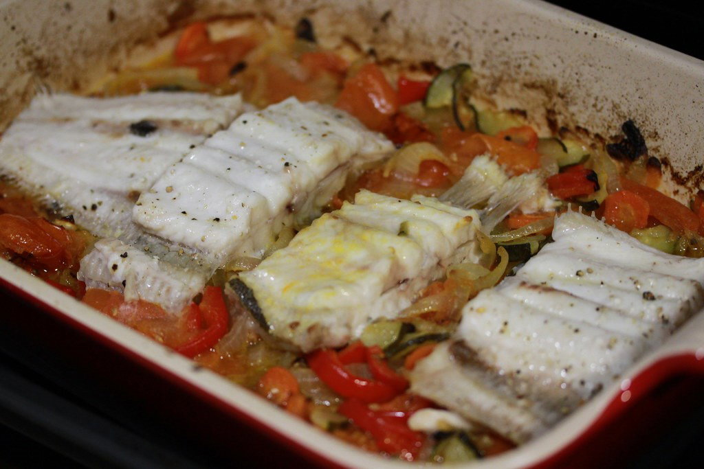 Lenguado al horno con verduras