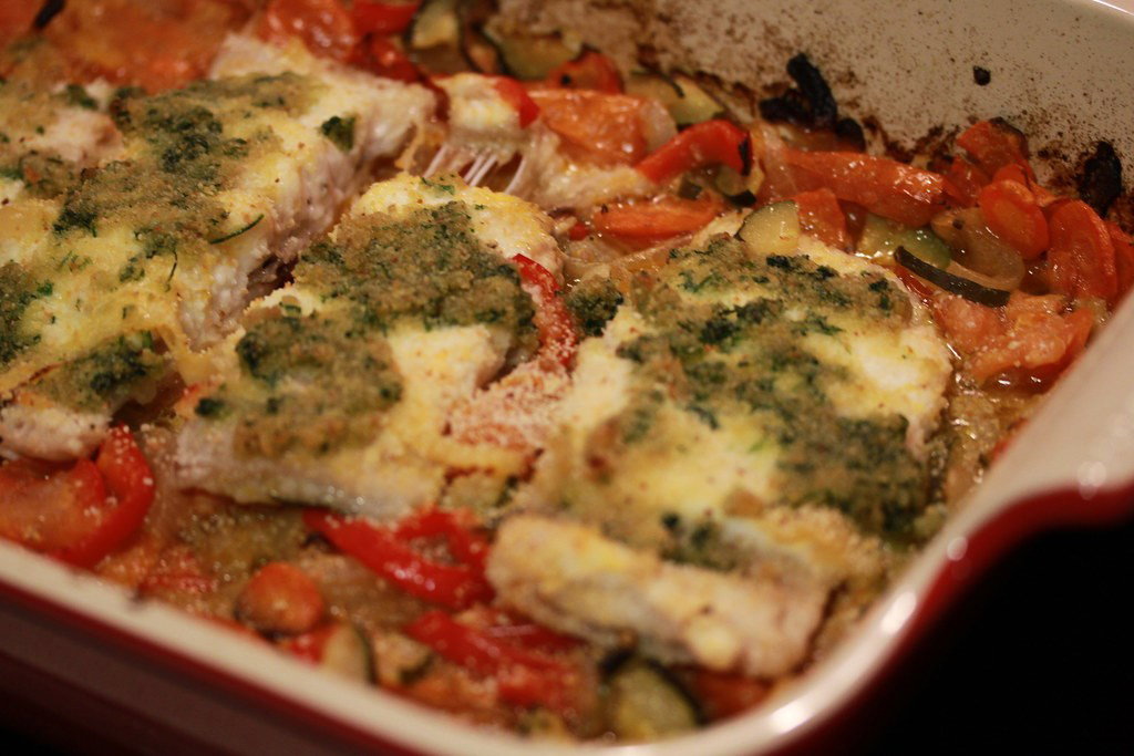 Lenguado al horno con verduras