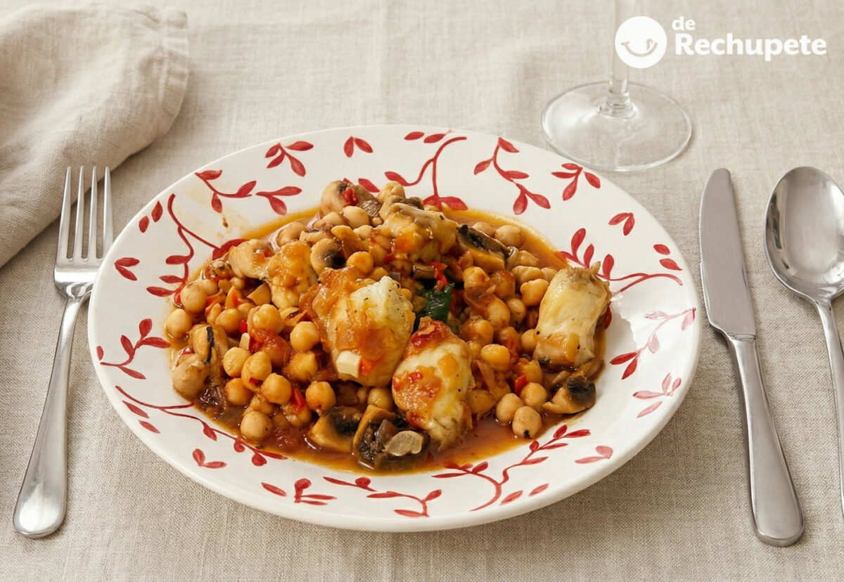 Garbanzos con setas y rape. Receta de Otoño