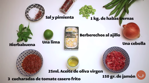 Salteado de habas tiernas con jamón y berberechos