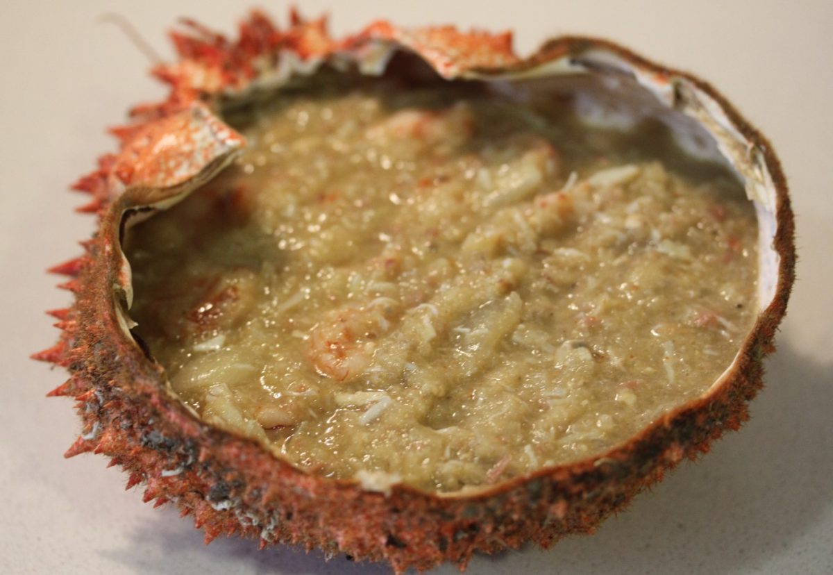 Centolla o centollo gratinado con langostinos y lacón