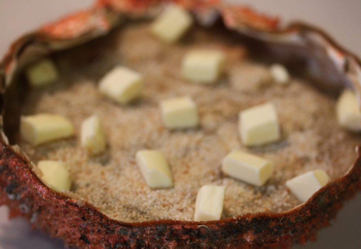 Centolla o centollo gratinado con langostinos y lacón